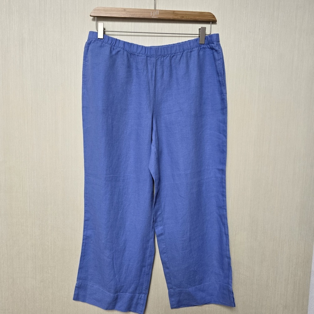 J Jill 100% Linen Pant Blue Straight Leg Size M Pockets Elastic Waist Minimalist
